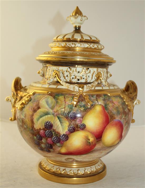 A Royal Worcester fruit painted pot pourri urn and cover, signed H.Ayrton, post-war, 30cm